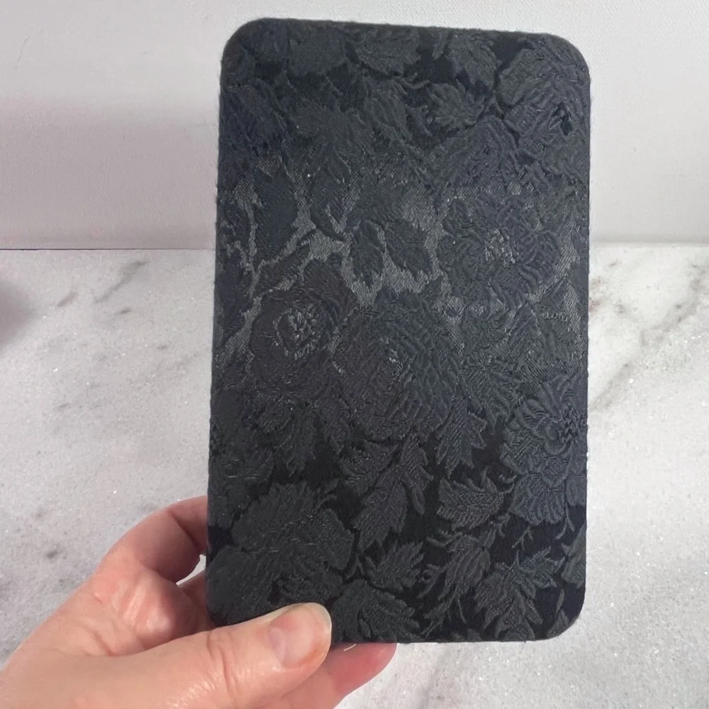 Vintage black floral fabric jewelry box, keepsake box